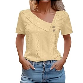 Women's Texture Blouse Eyelet Top Pointelle Tee T Shirt Solid Color Fashion Classic Casual Short Sleeve V Neck Regular Tops Casual Daily Beach Blue White Yello