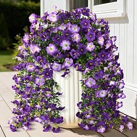 Artificial Fake Flowers Plants for Outdoor Spring Summer Decoration,4 PCS Faux Silk Morning Glory with Eucalyptus Leaves,UV Resistant Realistic Outdoor Flowers