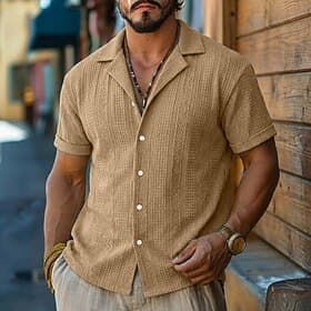 Men's Shirt Texture Button Down Shirt Jacquard Shirt Black White Light Green Navy Blue Purple Short Sleeve Geometric Lapel Casual Daily Jacquard Clothing Appar thumbnail 3