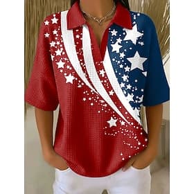 American Independence Day Women's Waffle T-shirt Textured Knit Tops Graphic American Flag Elegant Vintage Stylish Half Sleeve Polo Collar Regular Tops Casual D thumbnail 2