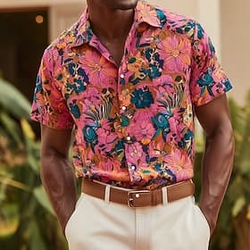 Men's Floral Print Tropical Plants Summer Hawaiian Shirt Tropical Shirts Aloha Shirt Short Sleeve Hawaiian Resort Beach Vacation Wear Summer Spring Turndown 3D