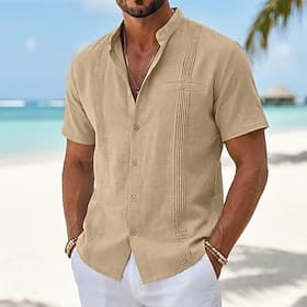 Men's Shirt Linen Shirt Summer Shirt Beach Shirt Summer Hawaiian Shirt Solid Color Casual Daily Blue Dark Yellow Black Navy Blue Short Sleeve Collar Spring Su