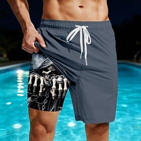 Herren Schädel Sensenmann Skelett Gefütterte Shorts 2 in 1 Badeshorts Badeanzüge Badeshorts Mittlere Taille Dunkler Gothic-Stil Lässig Strandurlaub Seitentasch