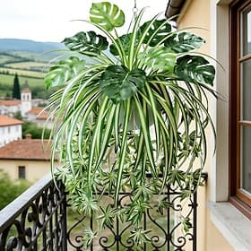 2pcs Set = Spider Plant Monstera Nordic Style Artificial Hanging Basket Plants, UV-Resistant Outdoor Greenery for Home, Living Room, Balcony Decoration, Suita