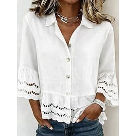 Femmes Chemisier Boutons Garniture en dentelle Couleur Unie Élégant Vacances Occasionnel Manche 3/4 Col de chemise Hauts Réguliers Quotidien Bleu Blanche Été P