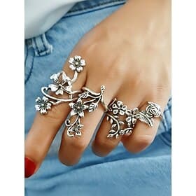 Women's Bohemian Style Alloy Rings Set of 4, Floral Design, Adjustable Fit, Perfect for Beach Vacations, Summer Outings, Everyday Casual Wear