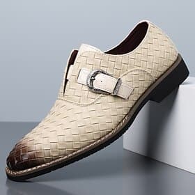 Men's Beige Woven Monk Strap Dress Shoes Pointed Toe Formal Leather Business Footwear for Weddings, Office, Banquets, Parties, Groom Wear and Elegant Gentleman
