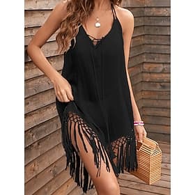 Women's Swimwear Cover Up Swim Dress Dress Swimsuit Ruched Fringe Backless Vacation Beach Wear Plain Halter Neck Sleeveless Bathing Suits