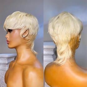 Perruque courte coupe pixie pour femme, blonde dégradée #613 avec mèches châtain clair #30, perruque synthétique, coupe mulet, mèches colorées