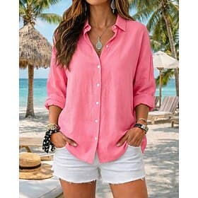 Women's 100% Cotton Shirt Button Up Shirt Blouse Solid Color Plain Vintage Stylish Modern Long Sleeve Shirt Collar Long Tops Daily Holiday Going out Blue White