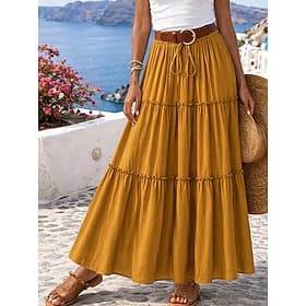 Women's Vacation Skirt Fashion Casual Maxi High Waist Skirts Solid Colored Ruched Drawstring Ruffle Inelastic Daily Vacation Blue Violet Black Yellow Summer