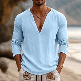 Men's Tee Top Long Sleeve V Neck Spring  Summer Summer Spring Plain Fashion Designer Basic Soft Casual Vacation Street Light Blue Top Tee for Men