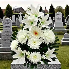 Cemetery Artificial Flowers for Memorial Day Equipped with Extra Large Areca Palm Green Leaves and White Lilies, UV Resistant for Outdoor Use, Suitable for Ind