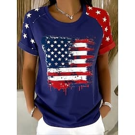 American Independence Day Women's T Shirt Print Graphic American Flag Vintage Stylish Classic Short Sleeve Crew Neck Regular Tops Daily Blue White Red Summer S
