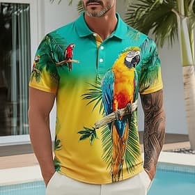 Men's Animal Hawaiian Polo Shirts Short Sleeve Polo Shirts Collared Shirts Casual Athleisure Daily Wear Vacation Wear 3D Print Buttons Spring  Summer Blue Purp