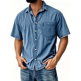 SoftFade™ Men's Shirt Casual Shirt Button Up Shirt Cotton Acid Wash Shirt Navy Blue Short Sleeve Plain Shirt Collar Casual Daily Front Pocket Clothing Apparel