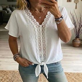 Women's Shirt Blouse Patchwork Lace Trim Fashion Casual Beach Sleeveless V Neck Regular Tops Casual White Pink Sky Blue Dark Blue Summer