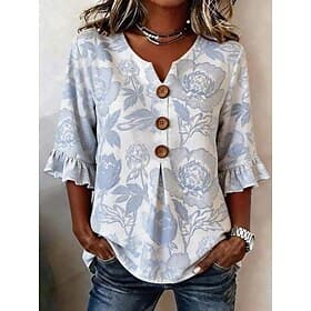 Women's Shirt Floral Graphic Vintage Stylish Long Sleeve V Neck Regular Tops Casual Daily Holiday Yellowpink KhakiWhiteGray Green Light Blue Summer Spring