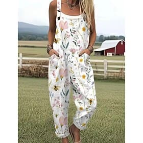 Women's Overall Active Floral Sleeveless Sleeveless Square Neck Pocket Print Daily Beach Loose Fit White Pink Beige Summer