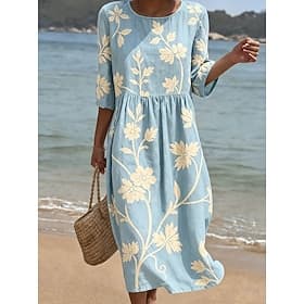 Femmes Robe Midi Robe d'Été Robe d'été Vacances Occasionnel Boho Plage Fête Coupe régulière Fleuri Graphique Manche 3/4 Col ras du cou Bleu Rose Claire Violet