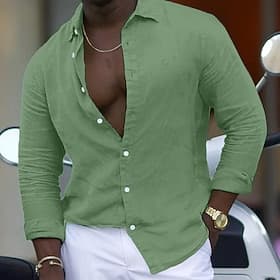 Men's Shirt Linen Shirt Summer Shirt Beach Wear Button Up Shirt Plain Beach Vacation Blue Black White Pink Long Sleeve Lapel Spring  Summer Clothing Apparel Ba