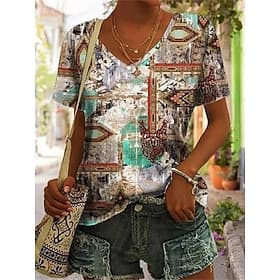 Women's T Shirt Print Graphic Geometric Tribal Stylish Classic Casual Short Sleeve V Neck Regular Tops Casual Daily Brown And White Brown Summer Spring