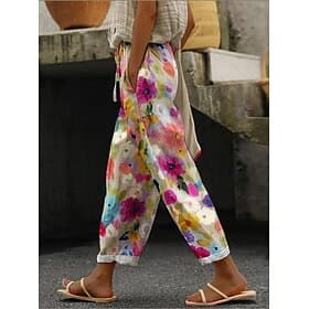Women's Linen Like Pants Baggy Pants Casual Daily Long Floral Drawstring Side Pockets Print Breathability Comfortable Inelastic Weekend Orange Green Spring  Su
