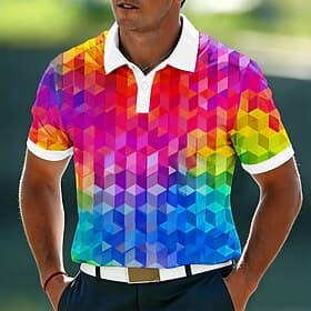 Men's Geometic Polo Shirts Short Sleeve Polo Shirts Lapel Casual Athleisure Holiday Daily Wear 3D Print Buttons Summer Spring Blue Yellow Red