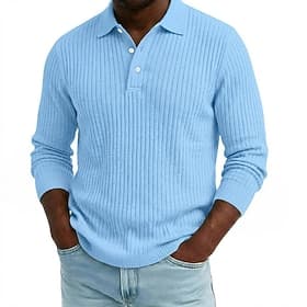 Men's Rib Knit Top Textured Casual Street Lapel Long Sleeve Basic Modern Plain Buttons Spring Fall All Seasons Regular Fit Blue White Navy Blue Gray Rib Knit T