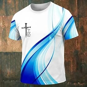 Hay poder en el nombre de Jesús Camiseta de hombre con estampado gráfico de cruz bíblica, estampado integral, cuello redondo, manga corta, color blanco y azul