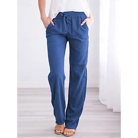 Women's Linen-feel Pants Summer Pants Pants Trousers Casual Daily Full Length Natural Plain Drawstring Side Pockets Breathability Comfortable Inelastic Going o