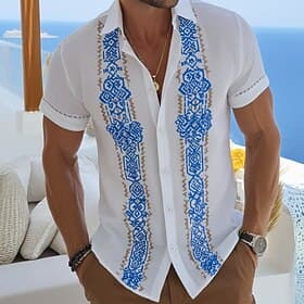 Men's Geometric Ethnic Abstract Art Shirt Guayabera Shirt Button Up Shirt Short Sleeve Vintage Retro Daily Outdoor Vacation Summer Spring Turndown 3D Print Lin