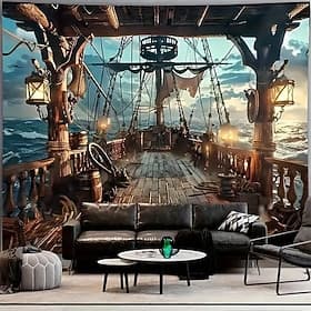 Pirate Ship Nautical Adventure Wooden Ship Deck Ocean Waves Sea View Lanterns Sunset Wall Tapestry Wall Hanging Backdrop for Living Room Bedroom Man Cave Theme
