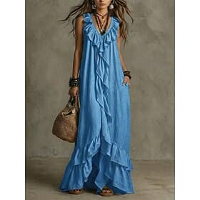 Women's Maxi Dress Casual Dress Summer Dress Ruffle Dress Basic Classic Daily Beach Vacation Loose Fit Plain Sleeveless V Neck Blue White Pink Wine Summer Spri