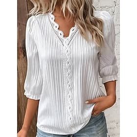 Femmes Chemise Chemisier Hauts en dentelle Œillet Uni Élégant Classique Moderne Manche 3/4 Col en V Hauts Réguliers Quotidien Fête Sortir Noir Blanche Rouge Bl