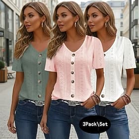 Paquets multiples 3 pièces Femmes Col en V Manche Courte noir  blanc  vert Boutons Occasionnel Quotidien Polyester Été