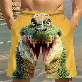 Men's Crocodile Funny Cartoon Animals Swim Trunks Bathing Suits Swim Shorts Board Shorts Mid Waist Hawaiian Beach Vacation Wear Side Pockets Mesh Lining Elasti