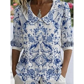 Femmes Chemise Chemise Bohème Fleuri Graphique Élégant Bohème Vacances Col Rond Claudine Hauts Longs Quotidien Fête Sortir Bleu Blanche Été Printemps