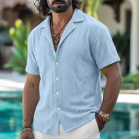 Men's Shirt Texture Button Down Shirt Jacquard Shirt Black White Light Green Navy Blue Purple Short Sleeve Geometric Lapel Casual Daily Jacquard Clothing Appar