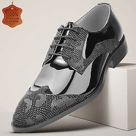 Men's Premium Genuine Leather Black Croc-Embossed Oxford Shoes Patent Cap Toe Lace-Up Formal Dress Shoes for Business Men, Weddings, Banquets, Office and Elega