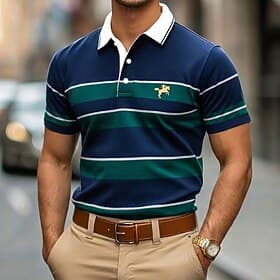 Men's Horizontal Stripes Rugby Polo Short Sleeve Polo Shirts Lapel Casual Athleisure Daily Wear 3D Print Buttons Spring Summer Blue Red Green