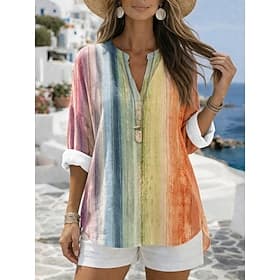 Mujer Blusa Estampado Graphic Geométrico Vintage Diario Elegante Manga Larga Escote en Pico Tops regulares Casual Diario Festivos Azul Piscina Amarillo Morado