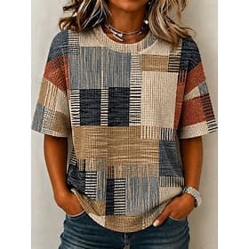 Women's Waffle T-shirt Textured Knit Tops T Shirt Summer Tops Drop Shoulder Print Graphic Geometric Plaid Vintage Stylish Classic Short Sleeve Crew Neck Round