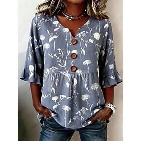 Women's Blouse Buttons Print Floral Graphic Vintage Stylish Modern Half Sleeve V Neck Regular Tops Casual Daily Blue Denim Blue Green Beige Summer Spring