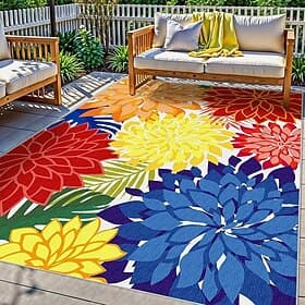 Tapis d'extérieur imperméable multicolore 5x8 pieds, tapis d'intérieur lavable, tapis de patio extérieur à motifs floraux tropicaux antidérapant pour salon, pi