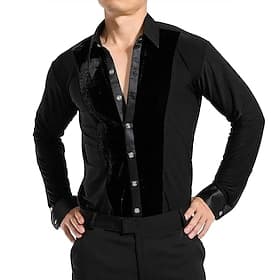 Chemise de danse de salon latine pour homme - Haut de performance à manches longues, coupe ajustée, empiècements en velours, idéal pour la compétition