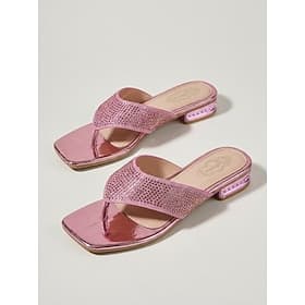 Women's Pink Rhinestone Flat Sandals, Open Toe Slip-On Evening Slides for Resort Dinner, Vacation  Summer Party Occasions