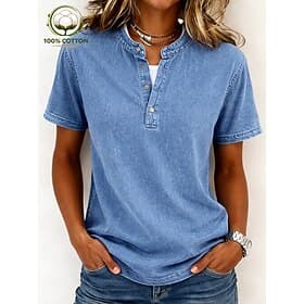 SoftFade™ Women's 100% Cotton Henley Shirt Vintage Fashion Stylish Short Sleeve Regular Tops Casual Beach Blue Khaki Black Purple Orange Spring