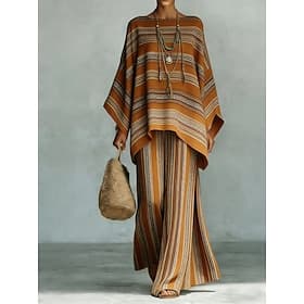 Women's Shirt Cotton Linen Sets Pants Sets Long Sleeve Bell Sleeve Round Neck Graphic Geometric Striped Print Vacation Fashion Streetwear Casual Daily Outdoor