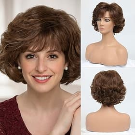 Perruque courte ondulée brune avec frange - cheveux synthétiques bouclés naturels dégradés pour femmes, résistants à la chaleur